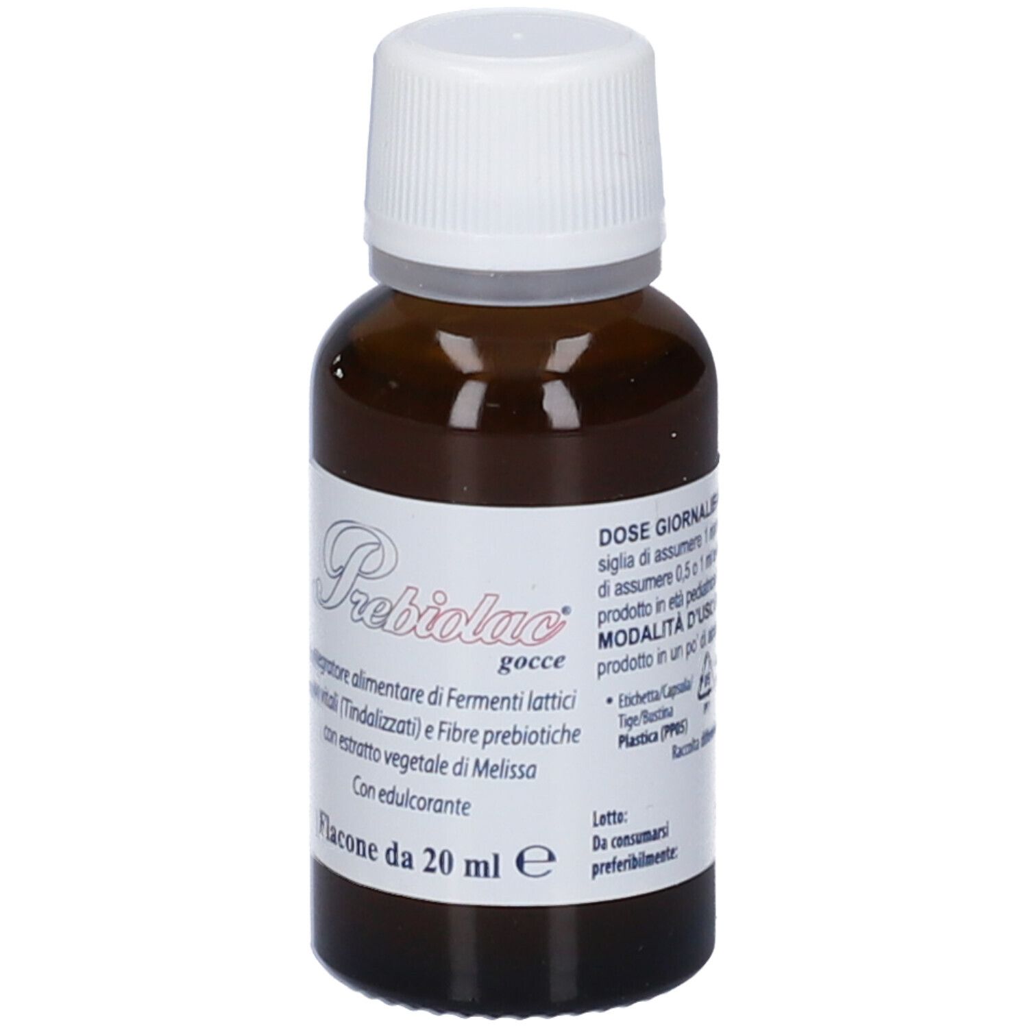 Flacone di vetro marrone con tappo bianco. Etichetta con informazioni. Contenuto 20 ml.