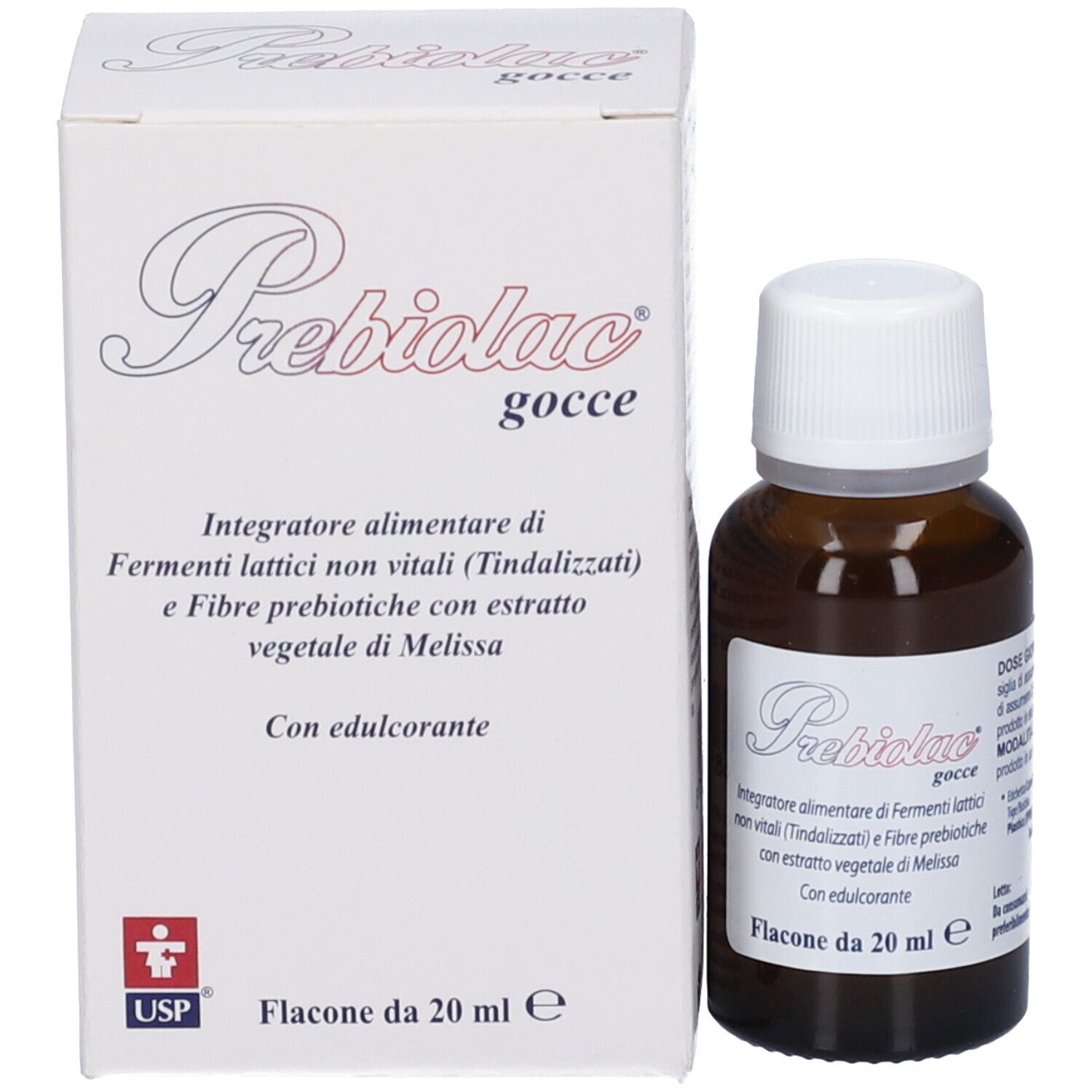 Flacone e confezione del prodotto. Flacone di vetro marrone con tappo bianco. Scatola con nome del prodotto.