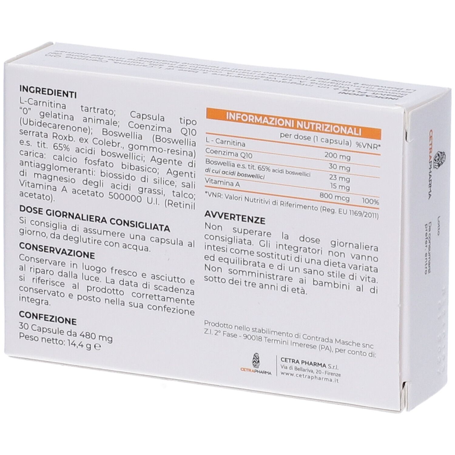 Retro della scatola Realvit PLUS. Contiene ingredienti, informazioni nutrizionali e avvertenze. Marchio: CETRAPHARMA. 30 capsule.
