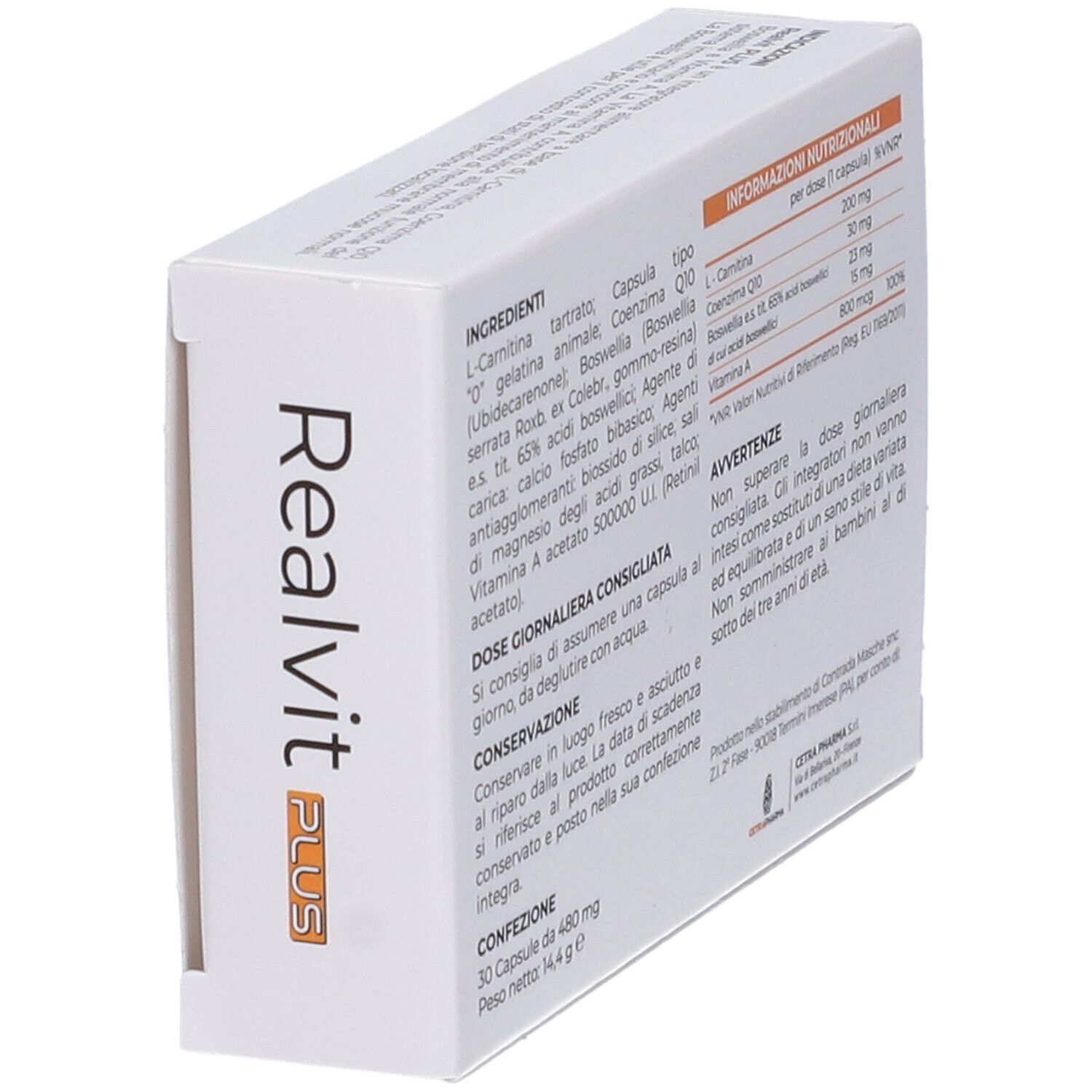 Vista obliqua della scatola Realvit PLUS. Contiene ingredienti, informazioni nutrizionali e avvertenze. Marchio: CETRAPHARMA. 30 capsule.