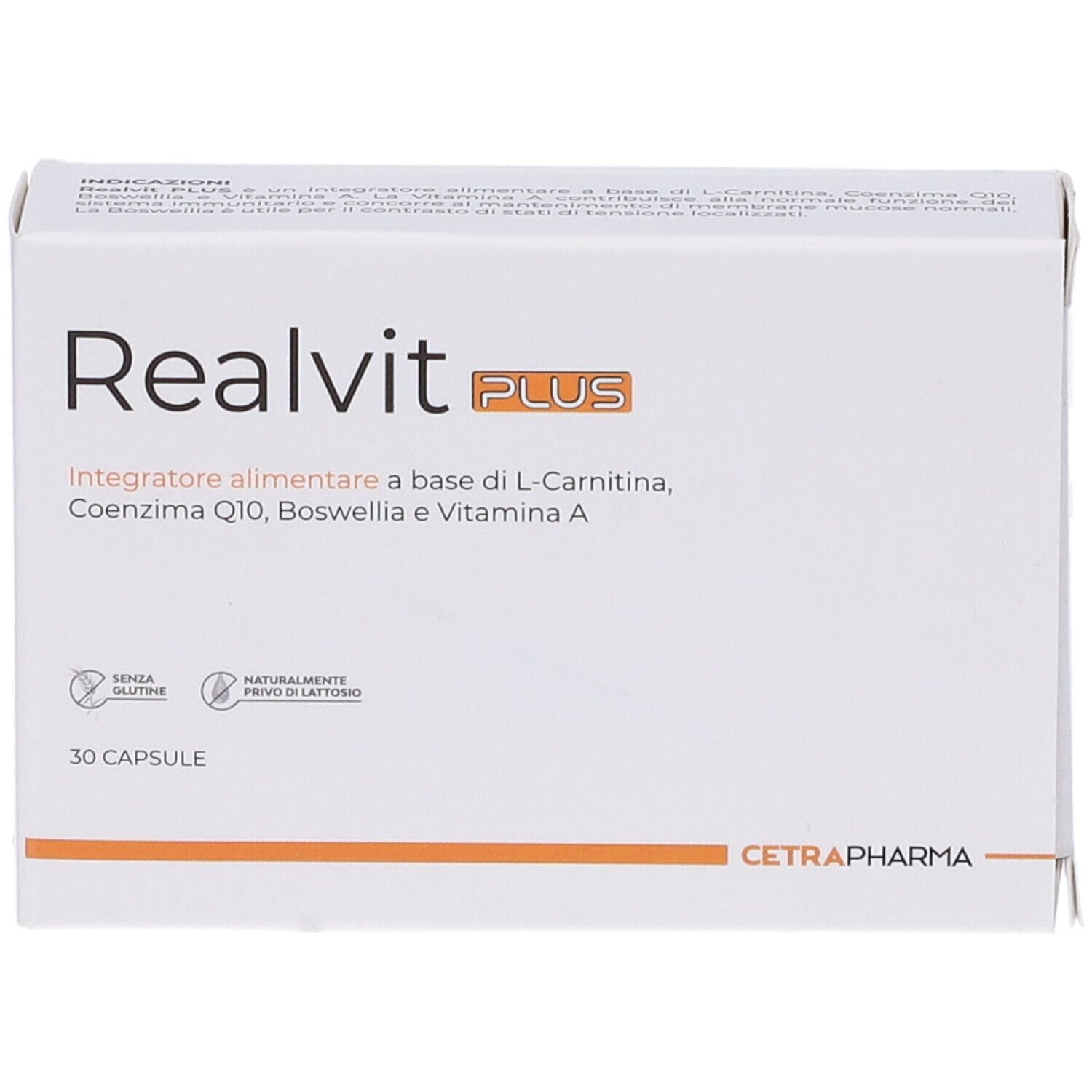 Scatola bianca con nome Realvit PLUS. Contiene 30 capsule. Testo: Integratore alimentare a base di L-Carnitina, Coenzima Q10, Boswellia e Vitamina A.