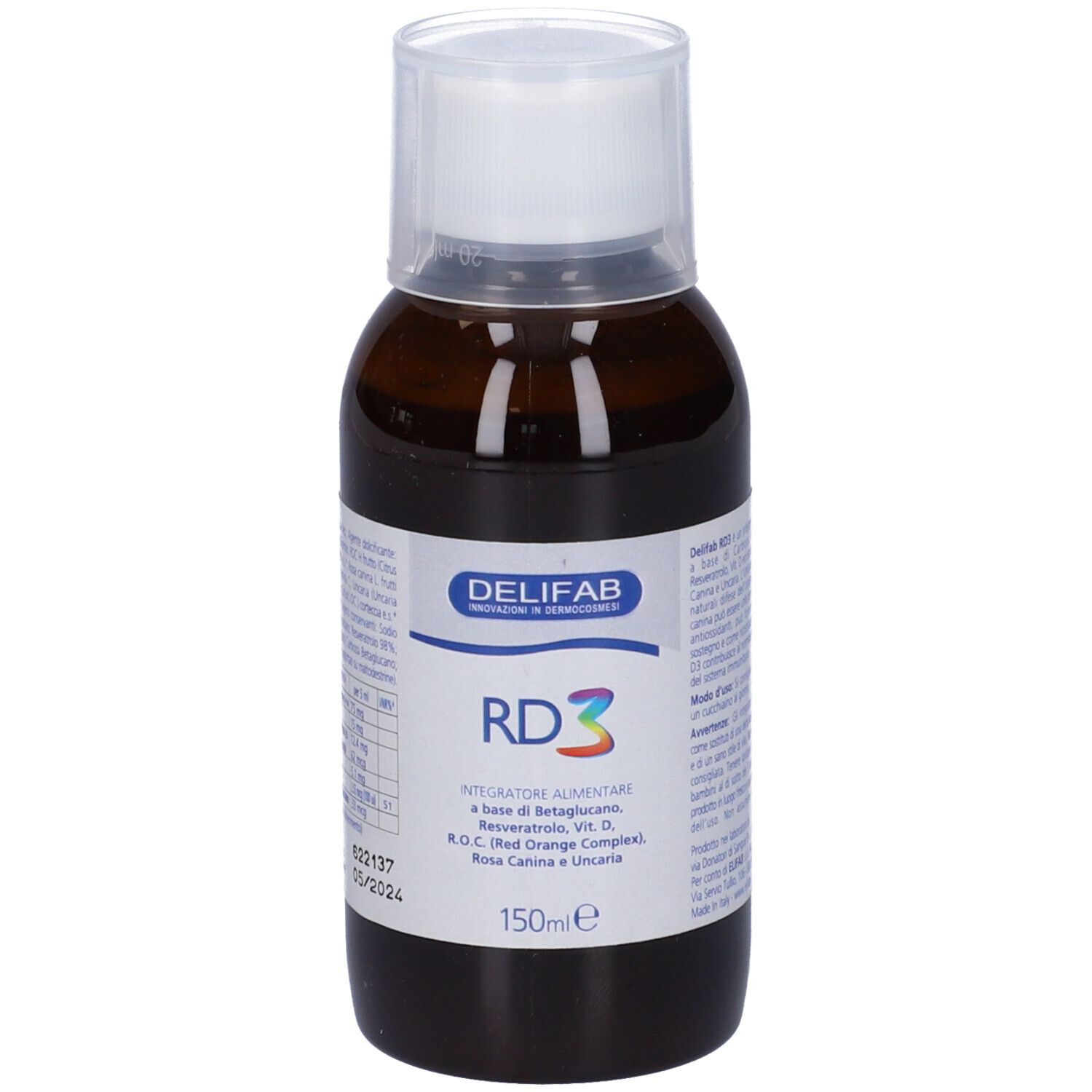 Delifab RD3 Sciroppo, bottiglia marrone con tappo bianco. Etichetta con informazioni prodotto.