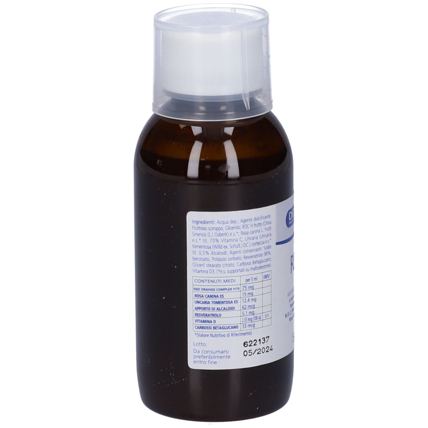 Delifab RD3 Sciroppo, bottiglia marrone. Retro con ingredienti e informazioni nutrizionali.