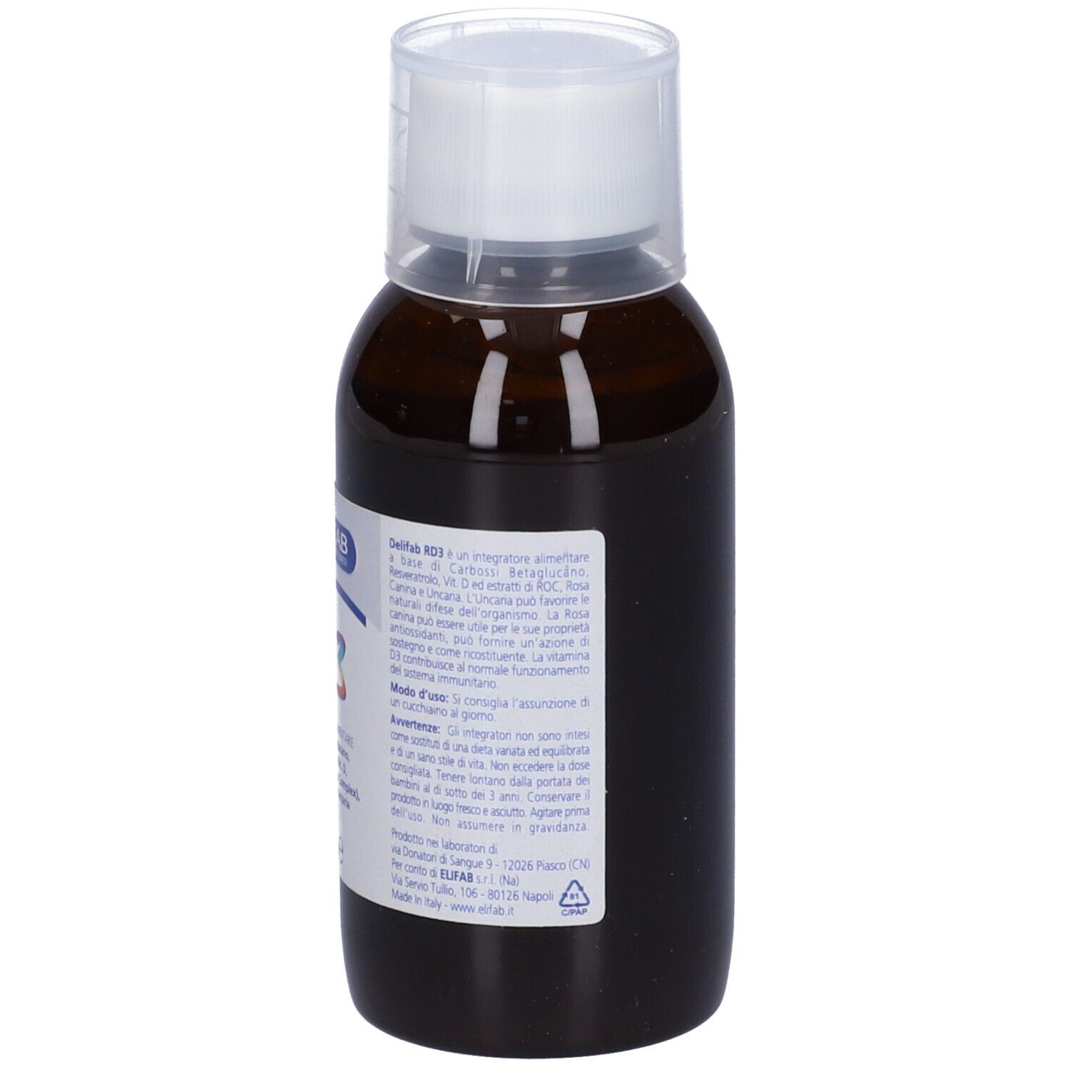 Delifab RD3 Sciroppo, bottiglia marrone. Retro con informazioni prodotto.