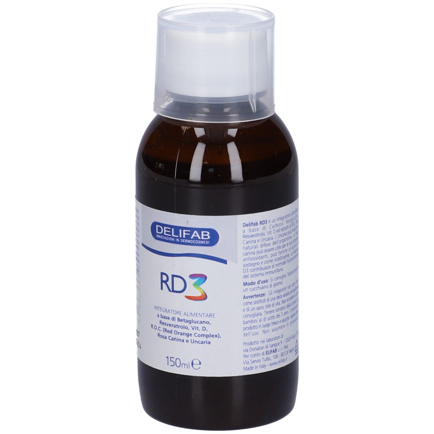 Delifab RD3 Sciroppo, bottiglia marrone con tappo bianco. Etichetta con nome del prodotto.