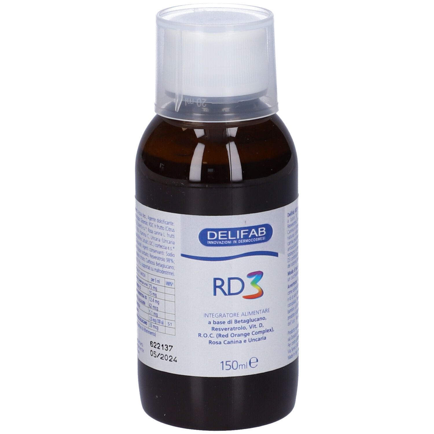 Delifab RD3 Sciroppo, bottiglia marrone con tappo bianco. Etichetta con informazioni prodotto.