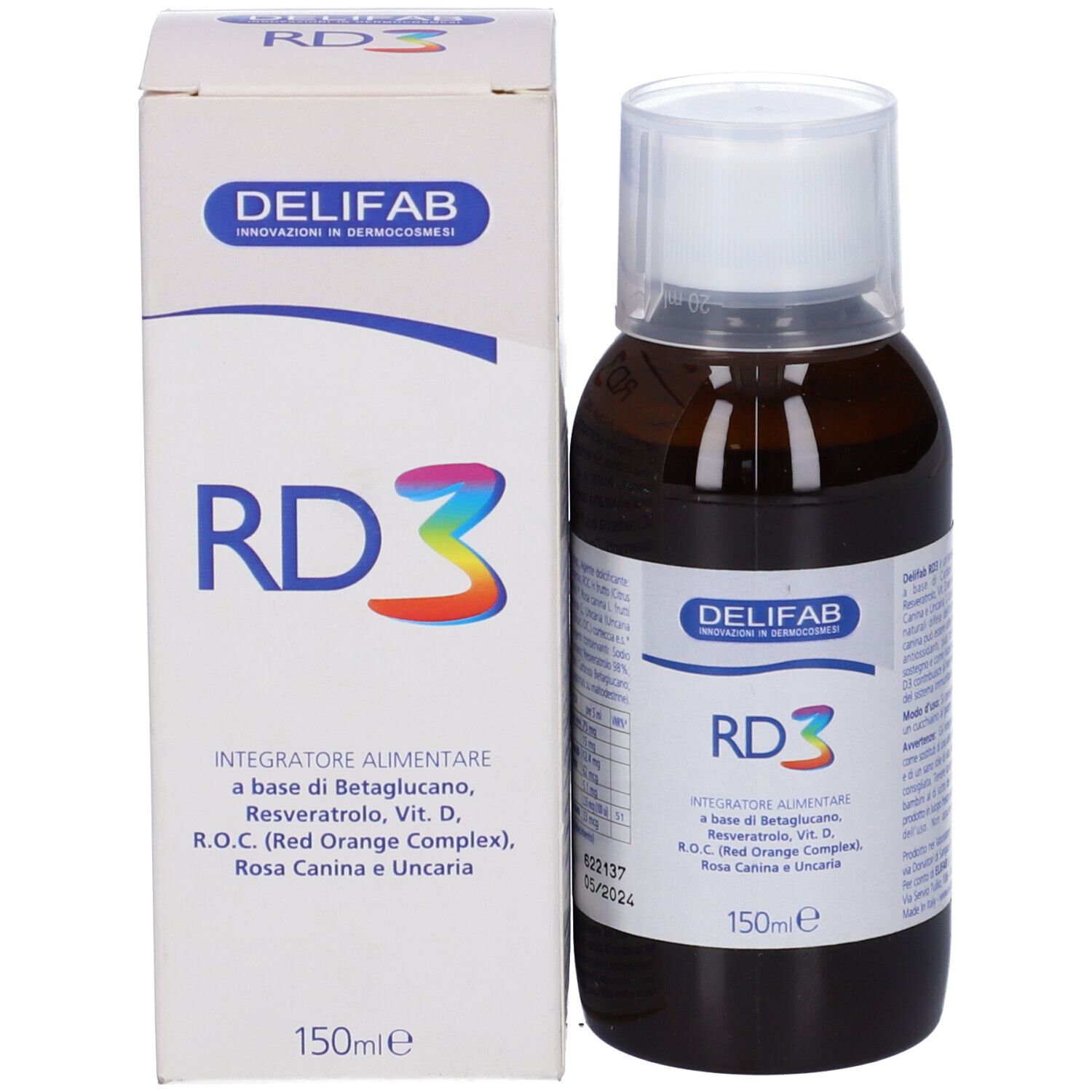 Delifab RD3 Sciroppo, bottiglia e confezione. Confezione con nome e logo del prodotto.
