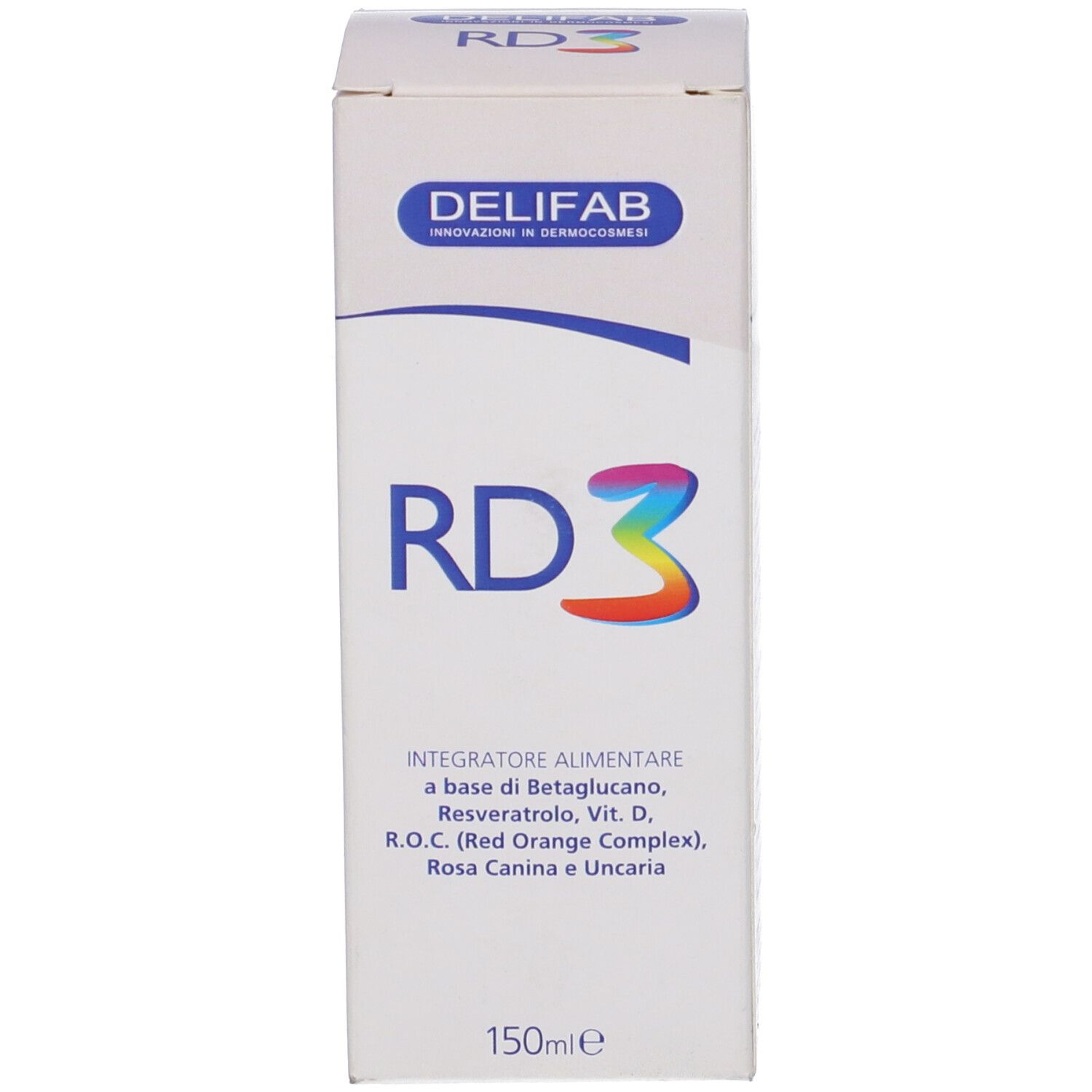 Delifab RD3 Sciroppo, confezione. Nome, logo e ingredienti del prodotto sulla confezione.