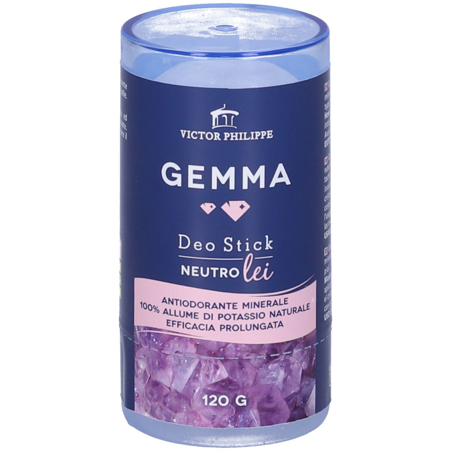 Confezione cilindrica con coperchio blu. Scritta: GEMMA Deo Stick Neutro Lei, 120g. In basso: cristalli.