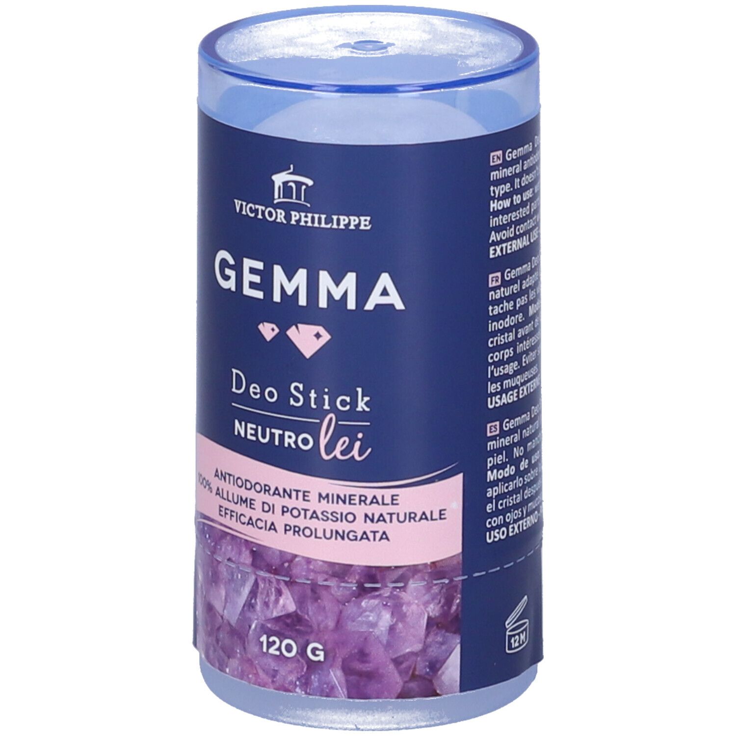 Confezione cilindrica con coperchio blu. Scritta: GEMMA Deo Stick Neutro Lei, 120g. In basso: cristalli. Testo in inglese.