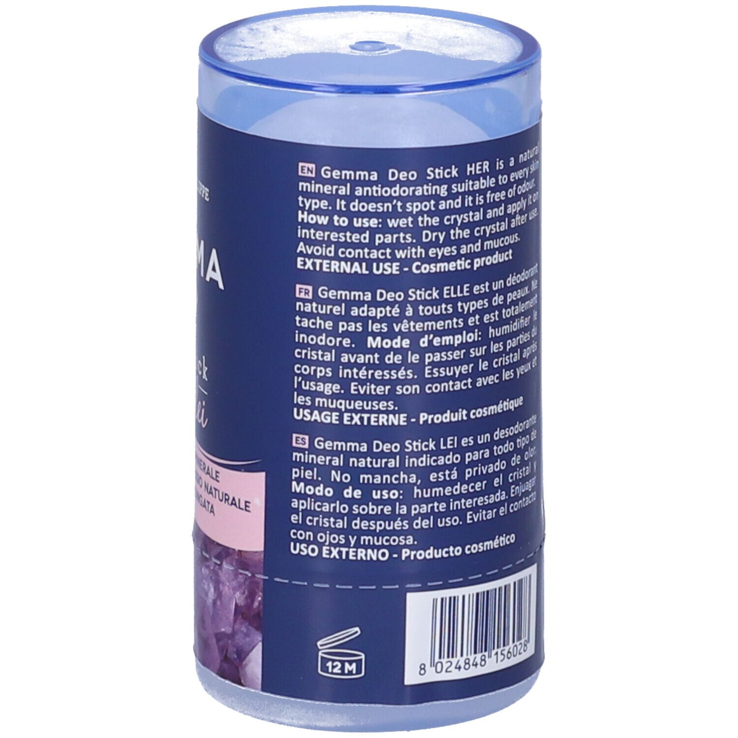 Retro della confezione. Testo in inglese, francese e spagnolo. Informazioni sull'uso e ingredienti. Simbolo 12M.