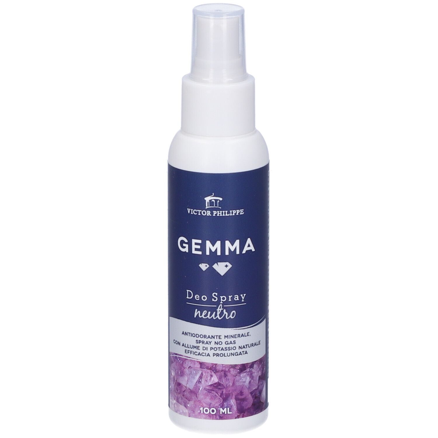 Flacone spray bianco con etichetta blu. Scritta: GEMMA Deo Spray Neutro. Con minerali e allume di potassio naturale.
