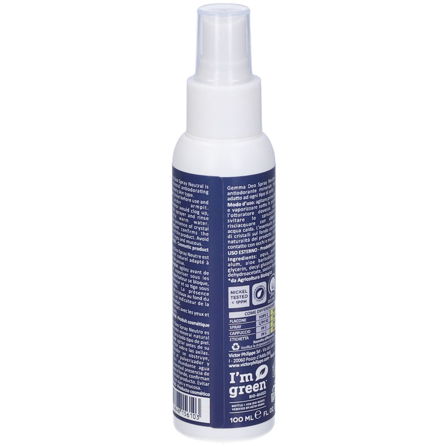 Retro del flacone spray bianco. Etichetta blu con testo. Informazioni sugli ingredienti e il produttore.