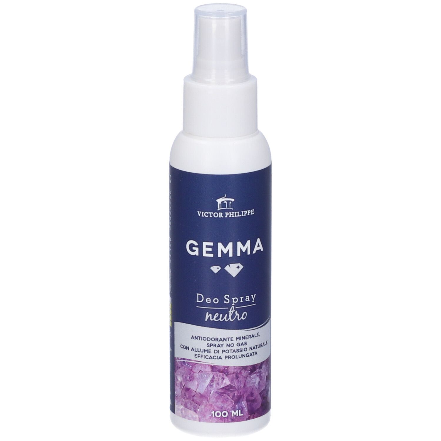 Flacone spray bianco con etichetta blu. Scritta: GEMMA Deo Spray Neutro. Con minerali e allume di potassio naturale.