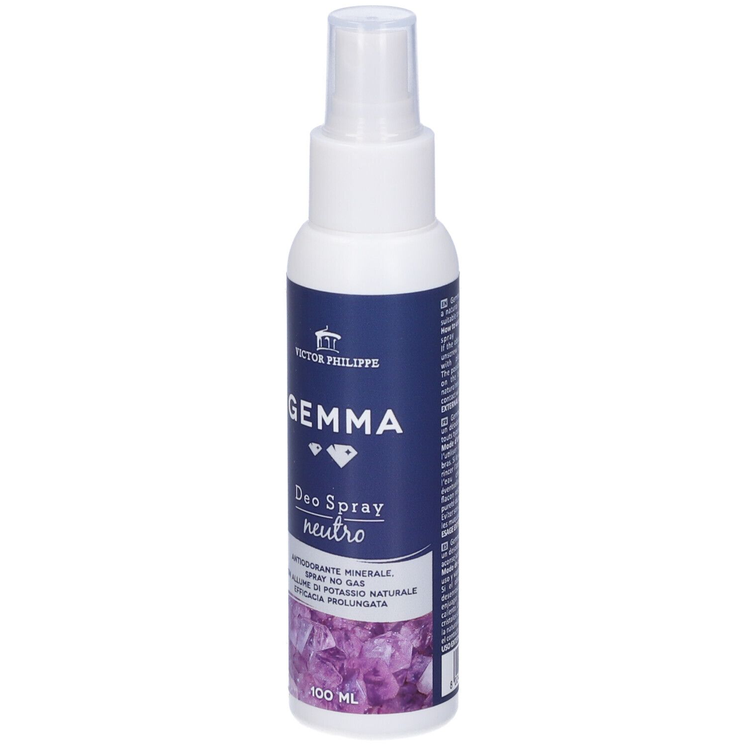 Flacone spray bianco con etichetta blu. Scritta: GEMMA Deo Spray Neutro. Con minerali e allume di potassio naturale.