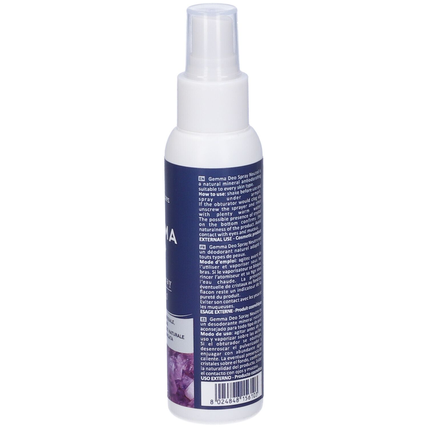 Retro del flacone spray bianco. Etichetta blu con testo. Informazioni sugli ingredienti e il produttore.