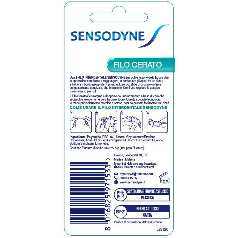 Retro della confezione di filo interdentale. Testo in italiano. Illustrazioni per l'uso. Logo del marchio e nome del prodotto.