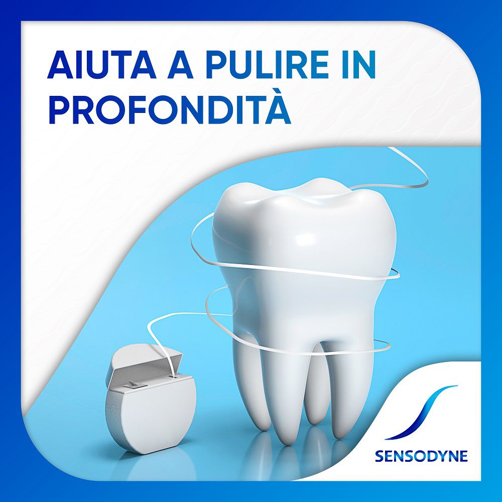 Modello di dente con filo interdentale. Logo SENSODYNE ®. Testo: Aiuta a pulire in profondità.