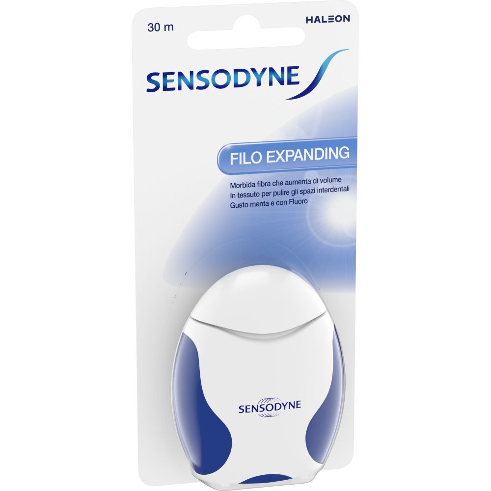 Filo interdentale SENSODYNE ®. Confezione bianca e blu con immagine del prodotto e marchio. 30 m.