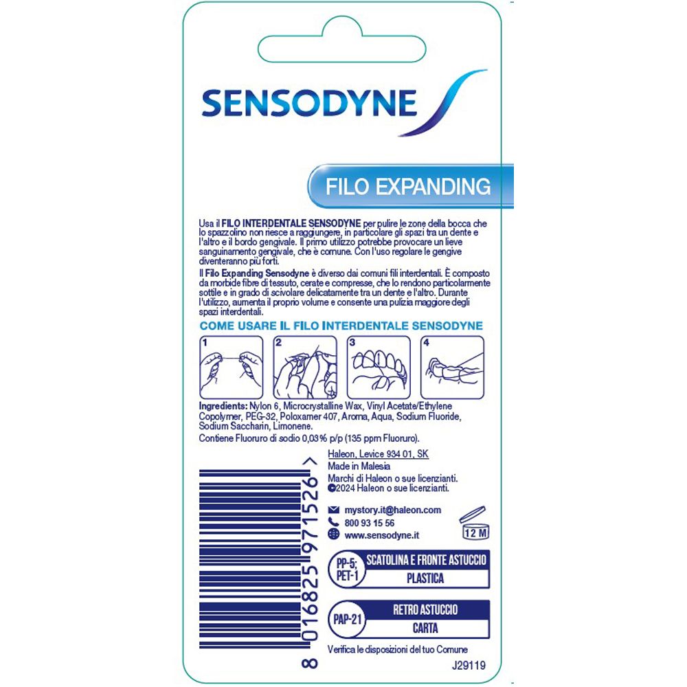 Retro della confezione del filo interdentale SENSODYNE ®. Informazioni sull'uso e sugli ingredienti.