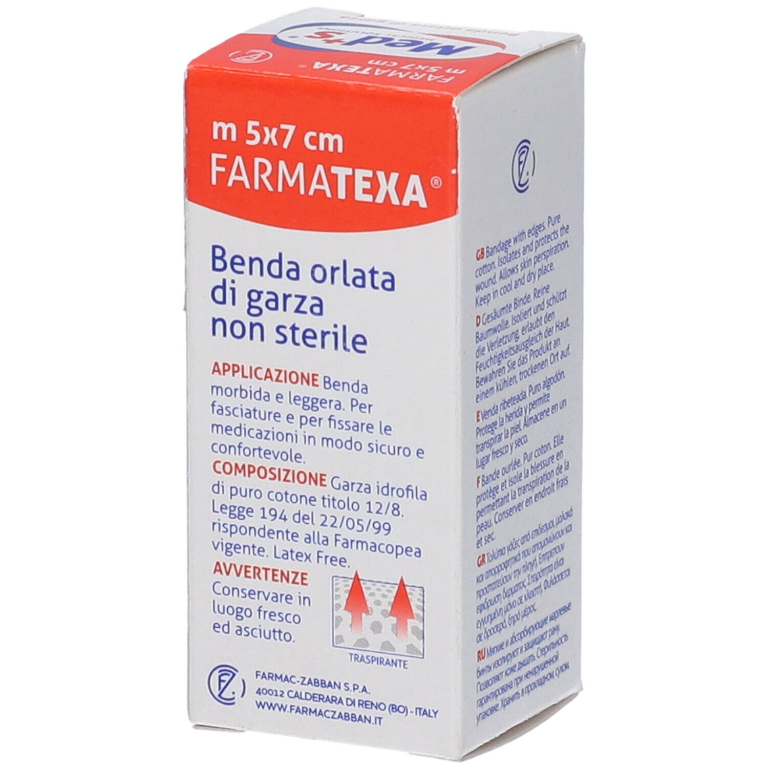 Confezione con informazioni prodotto. Marchio Med's. Nome Farmatexa. Benda orlata di garza non sterile. 5x7 cm.