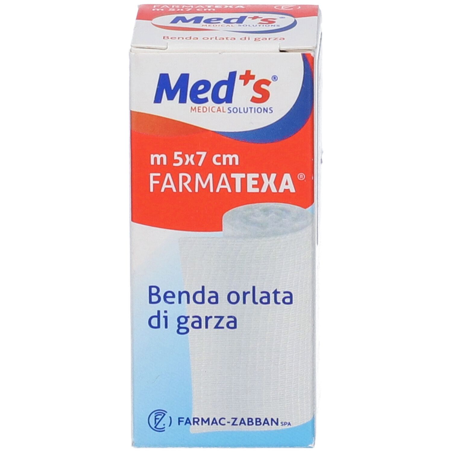 Confezione con prodotto. Marchio Med's. Nome Farmatexa. Benda orlata di garza. Dimensioni 5x7 cm.