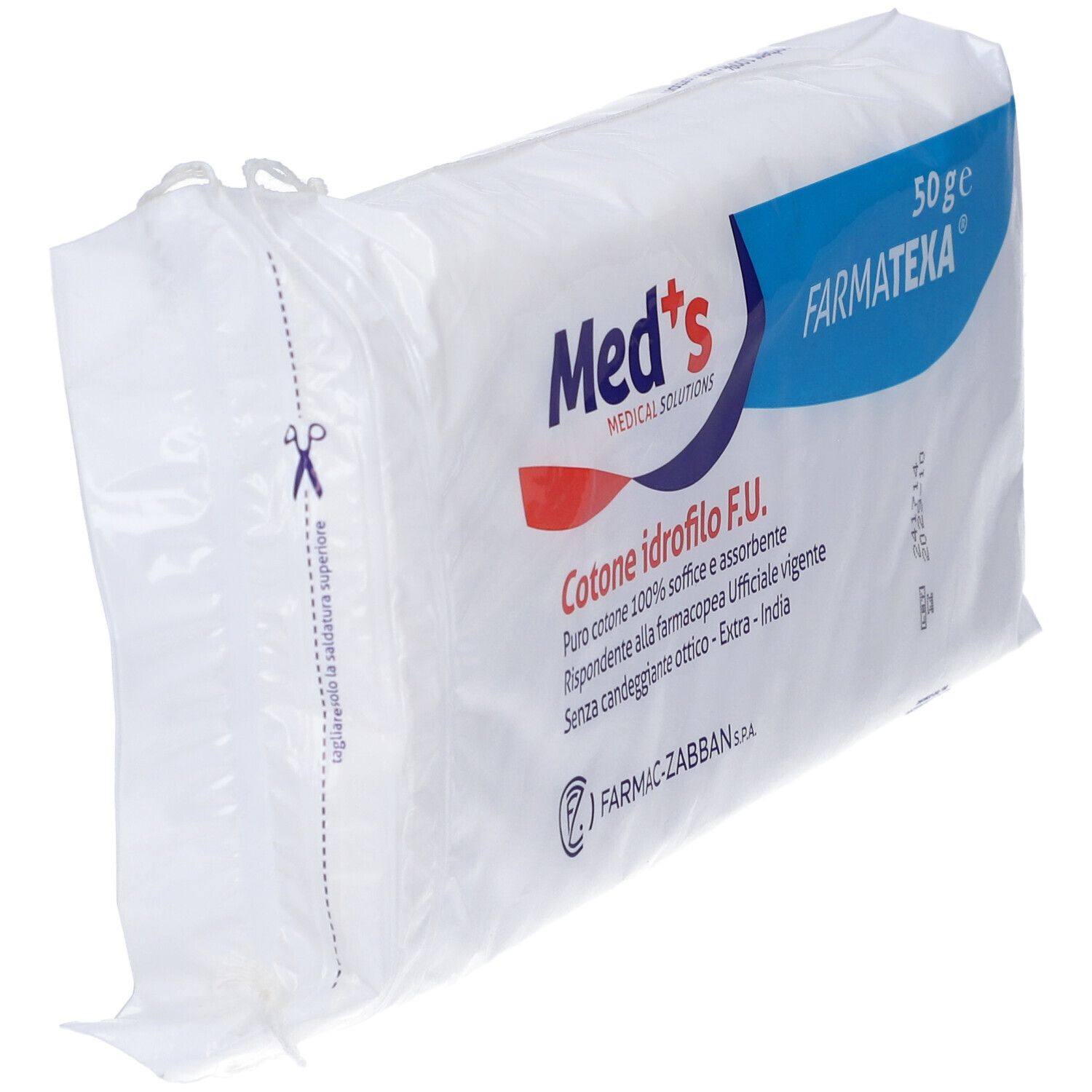 Confezione di cotone idrofilo. Scritte: Med's, Farmatexa, 50 g. Testo: Cotone idrofilo F.U. Simbolo forbici.
