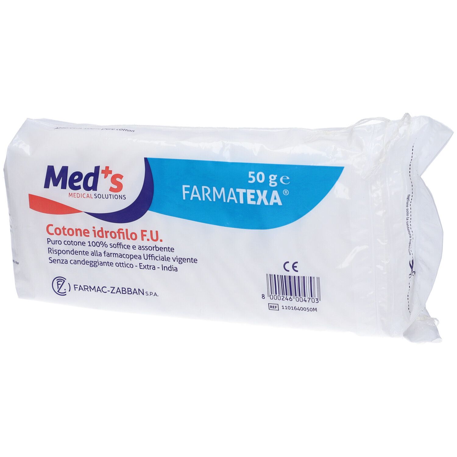 Confezione di cotone idrofilo. Scritte: Med's, Farmatexa, 50 g. Testo: Cotone idrofilo F.U. Codice a barre.