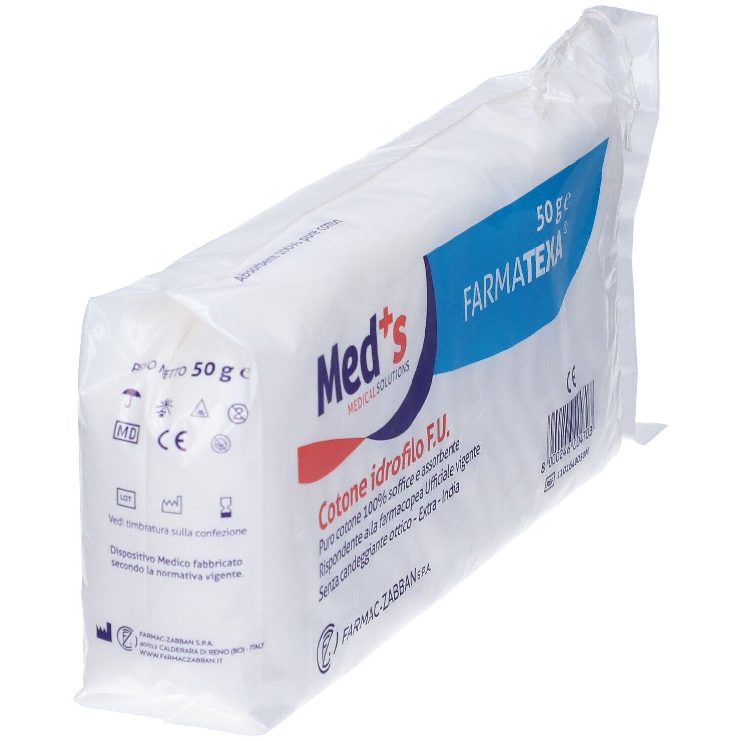 Confezione di cotone idrofilo. Scritte: Med's, Farmatexa, 50 g. Testo: Cotone idrofilo F.U. Simbolo dispositivo medico.