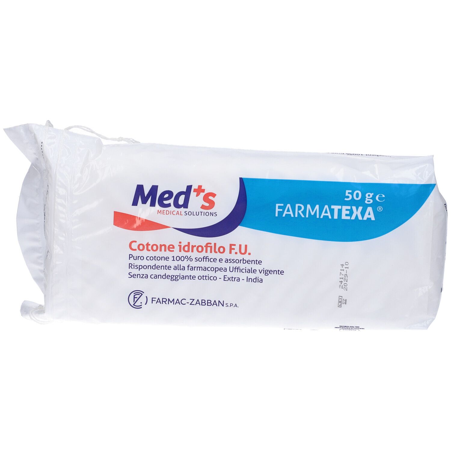 Confezione di cotone idrofilo. Scritte: Med's, Farmatexa, 50 g. Testo: Cotone idrofilo F.U. Data.