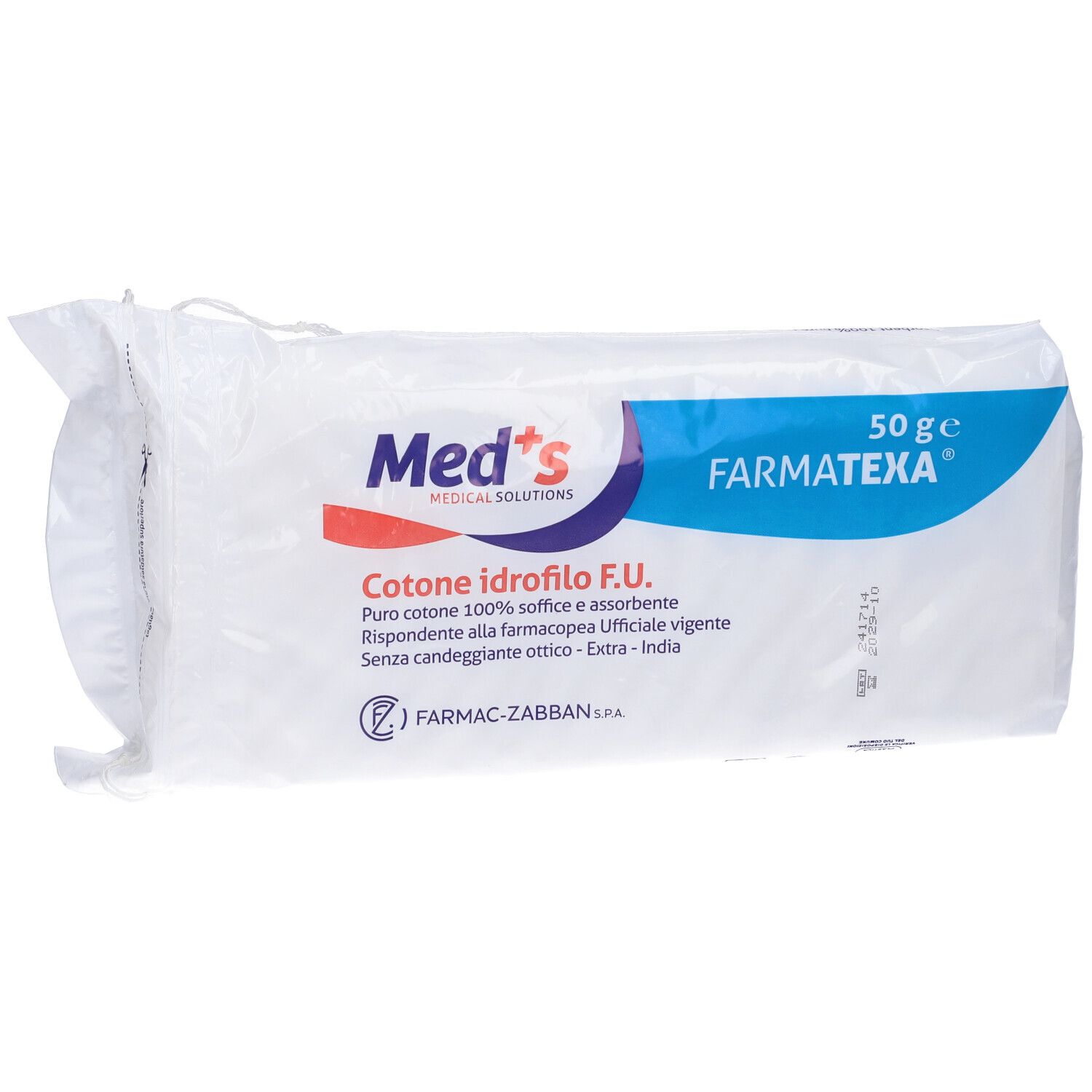 Confezione di cotone idrofilo. Scritte: Med's, Farmatexa, 50 g. Testo: Cotone idrofilo F.U.