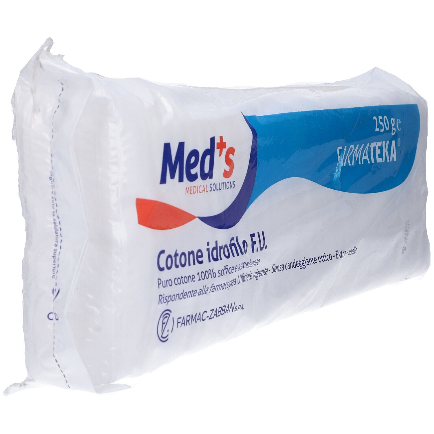 Confezione di cotone idrofilo. Scritte: Med's, 250 g, FARMATEXA, Cotone idrofilo F.U.