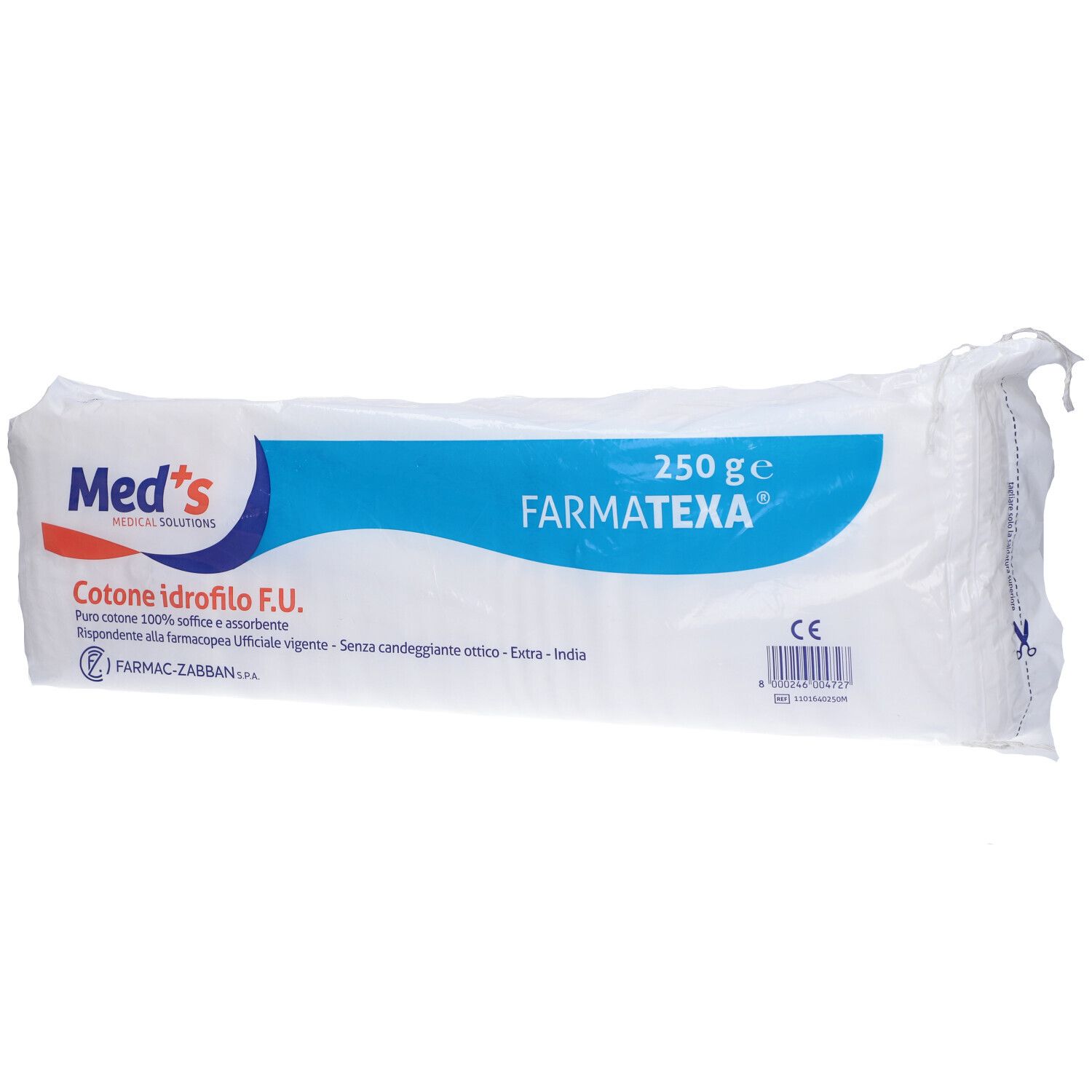 Confezione di cotone idrofilo. Scritte: Med's, 250 g, FARMATEXA, Cotone idrofilo F.U., marchio CE.