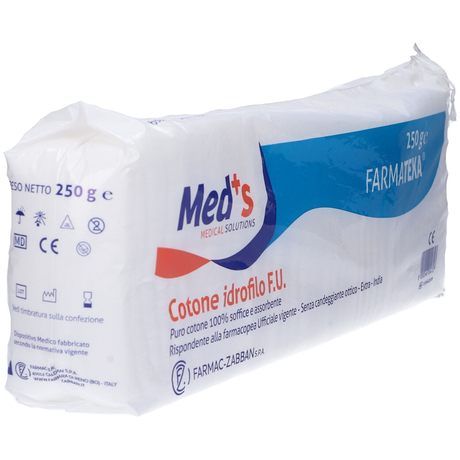 Confezione di cotone idrofilo. Scritte: Med's, 250 g, FARMATEXA, Cotone idrofilo F.U., marchio CE.