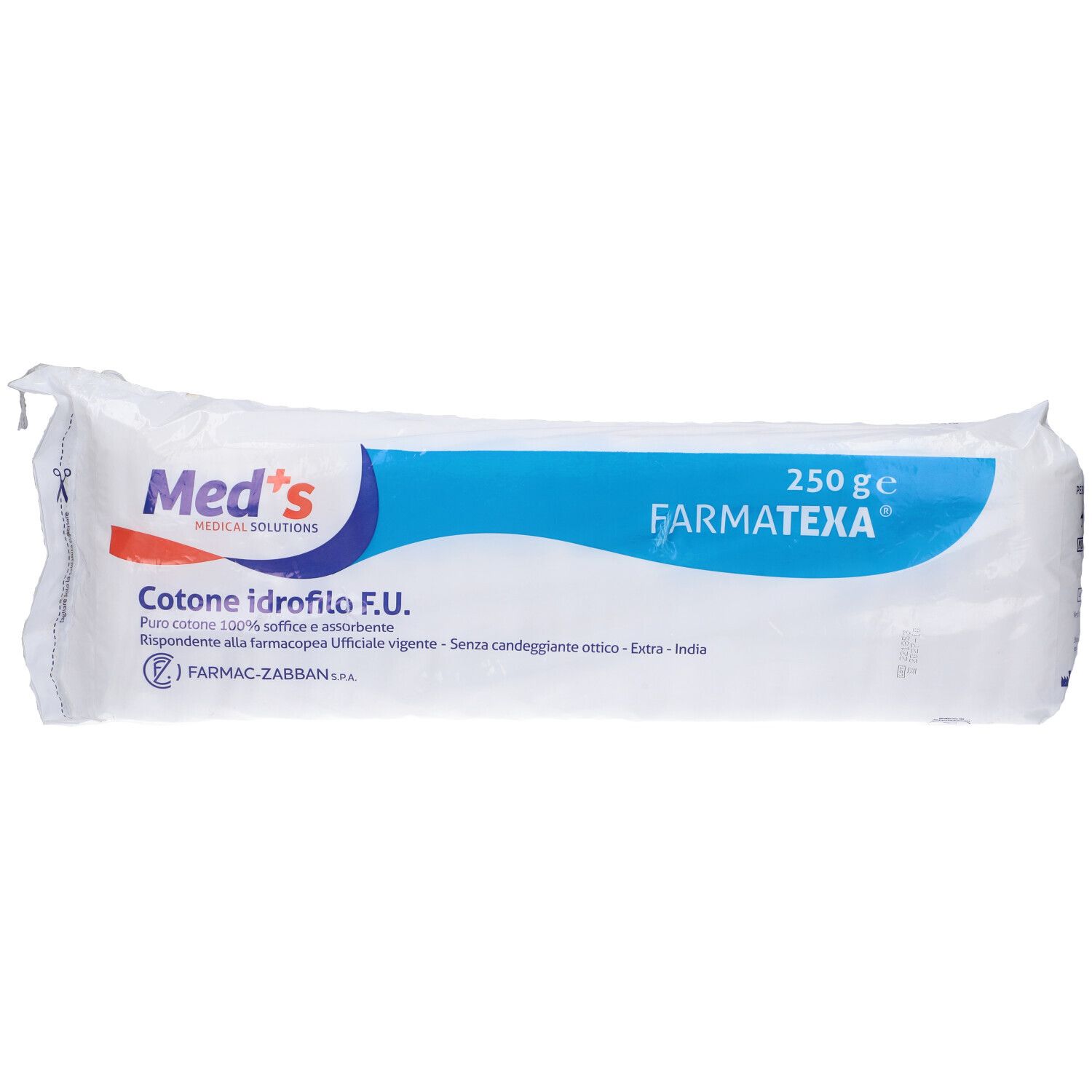 Confezione di cotone idrofilo. Scritte: Med's, 250 g, FARMATEXA, Cotone idrofilo F.U.