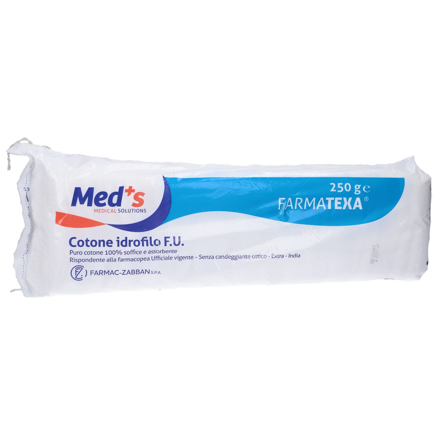 Confezione di cotone idrofilo. Scritte: Med's, 250 g, FARMATEXA, Cotone idrofilo F.U.