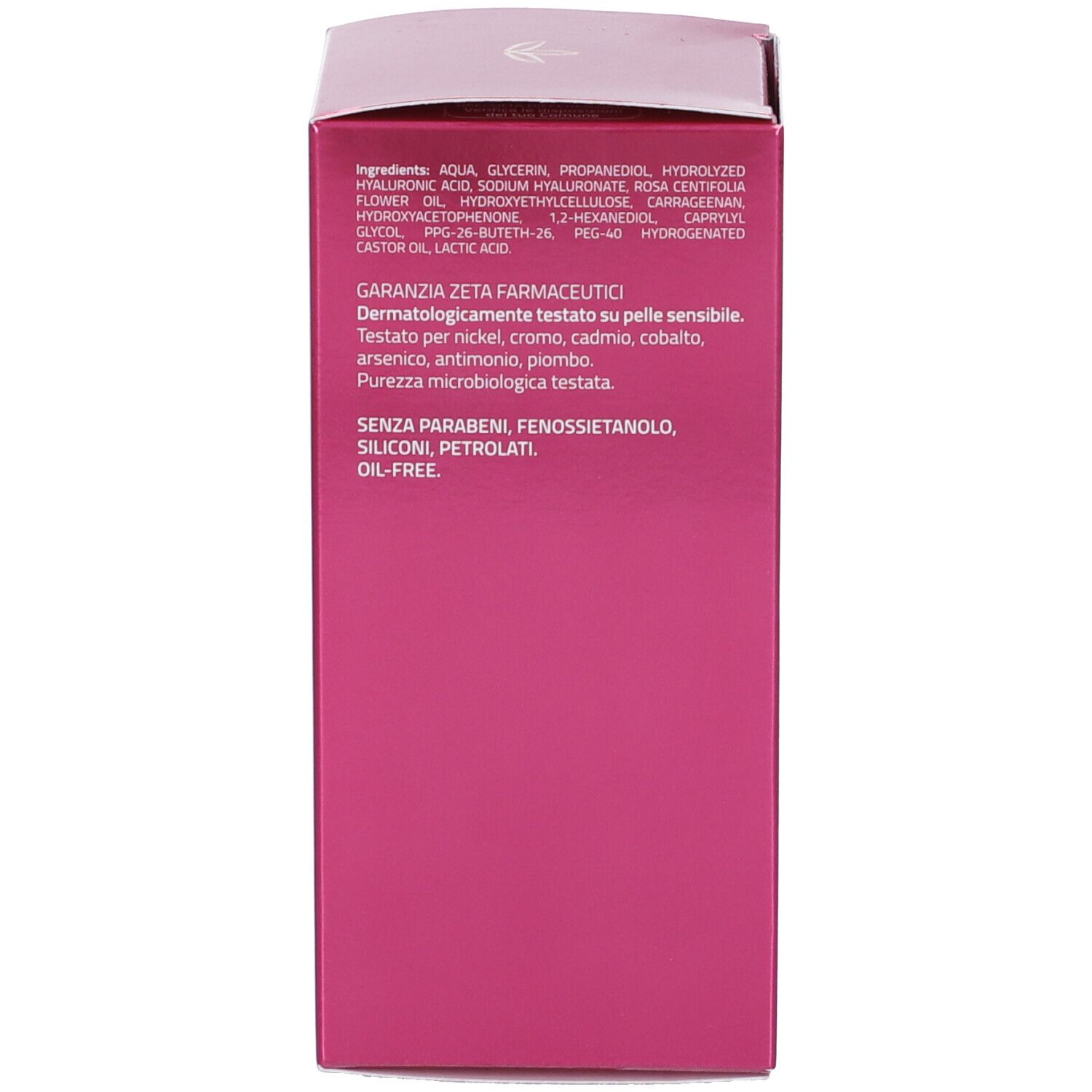 Lato della confezione del prodotto. Elenco degli ingredienti e informazioni sulla qualità.