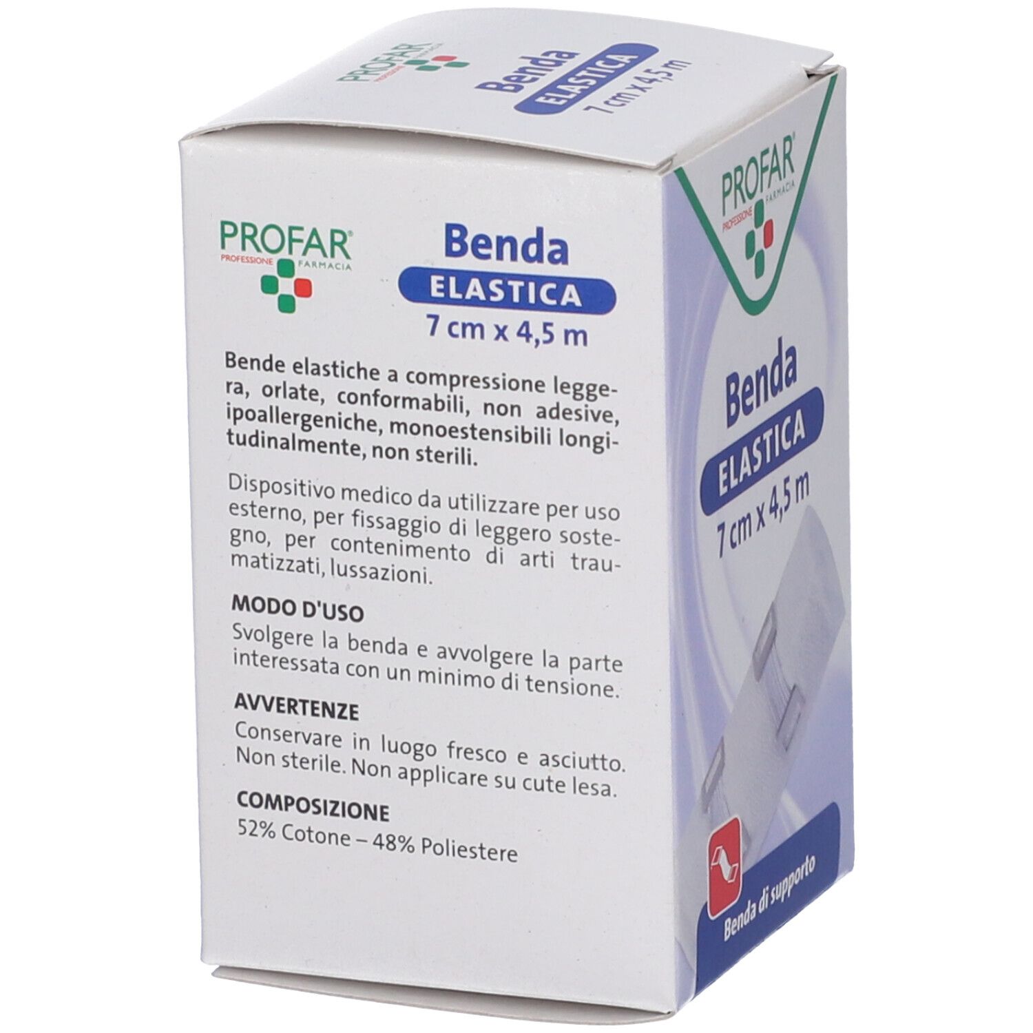 Profar Benda Elastica 7 cm x 4,5 m, retro della confezione con informazioni sul prodotto.