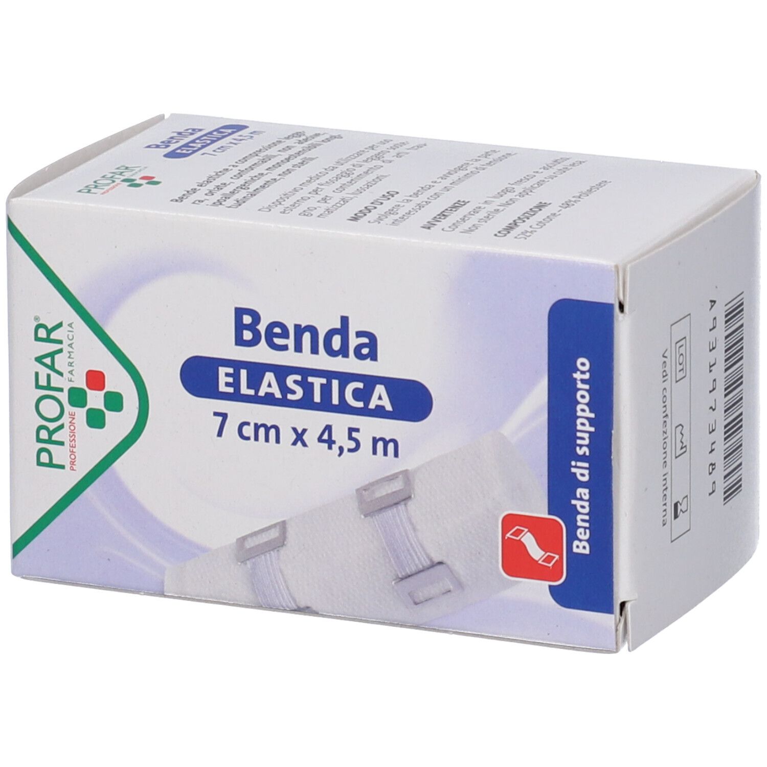 Profar Benda Elastica 7 cm x 4,5 m, vista laterale della confezione con immagine del prodotto.