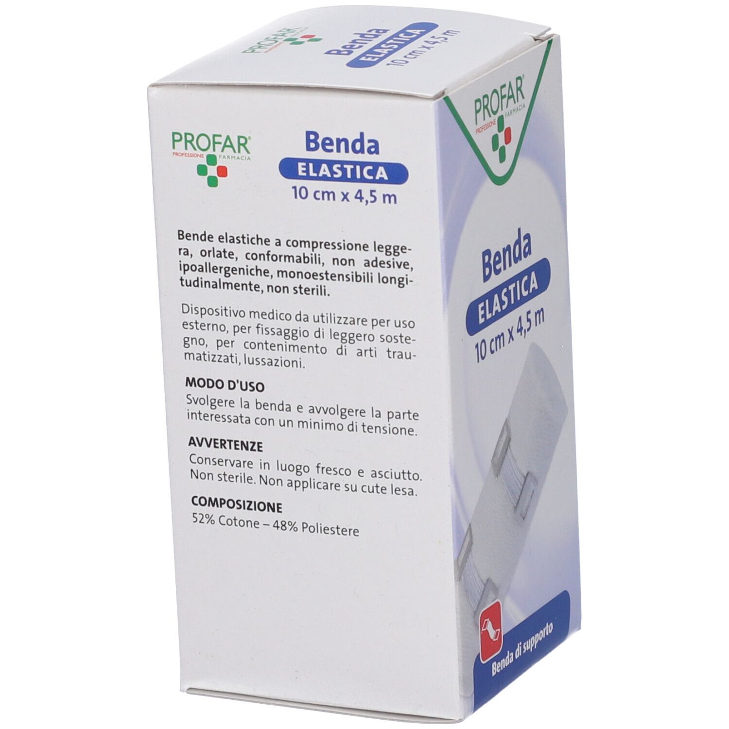 Profar Benda Elastica, 10 cm x 4,5 m. Retro della confezione con informazioni sul prodotto.