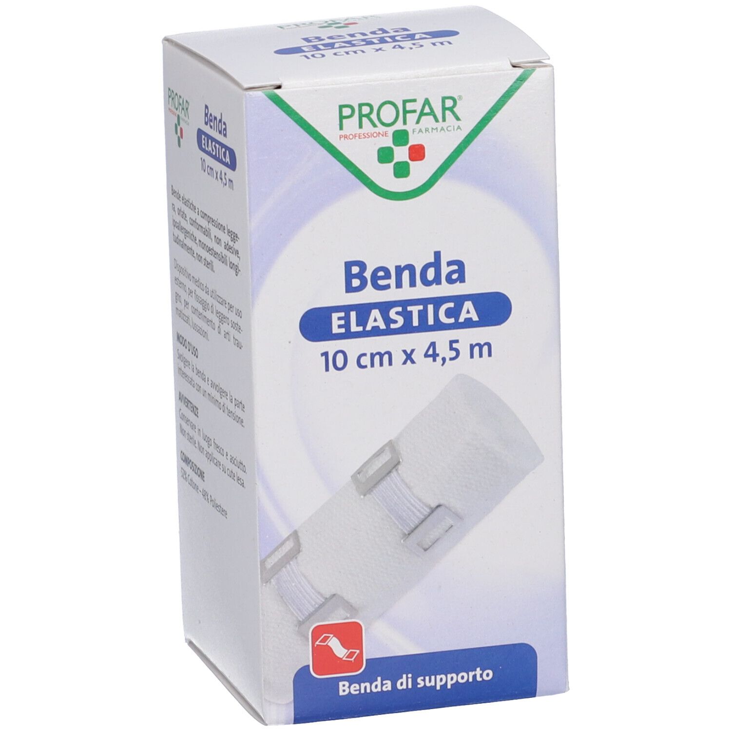 Profar Benda Elastica, 10 cm x 4,5 m. Confezione con illustrazione e dettagli del prodotto.