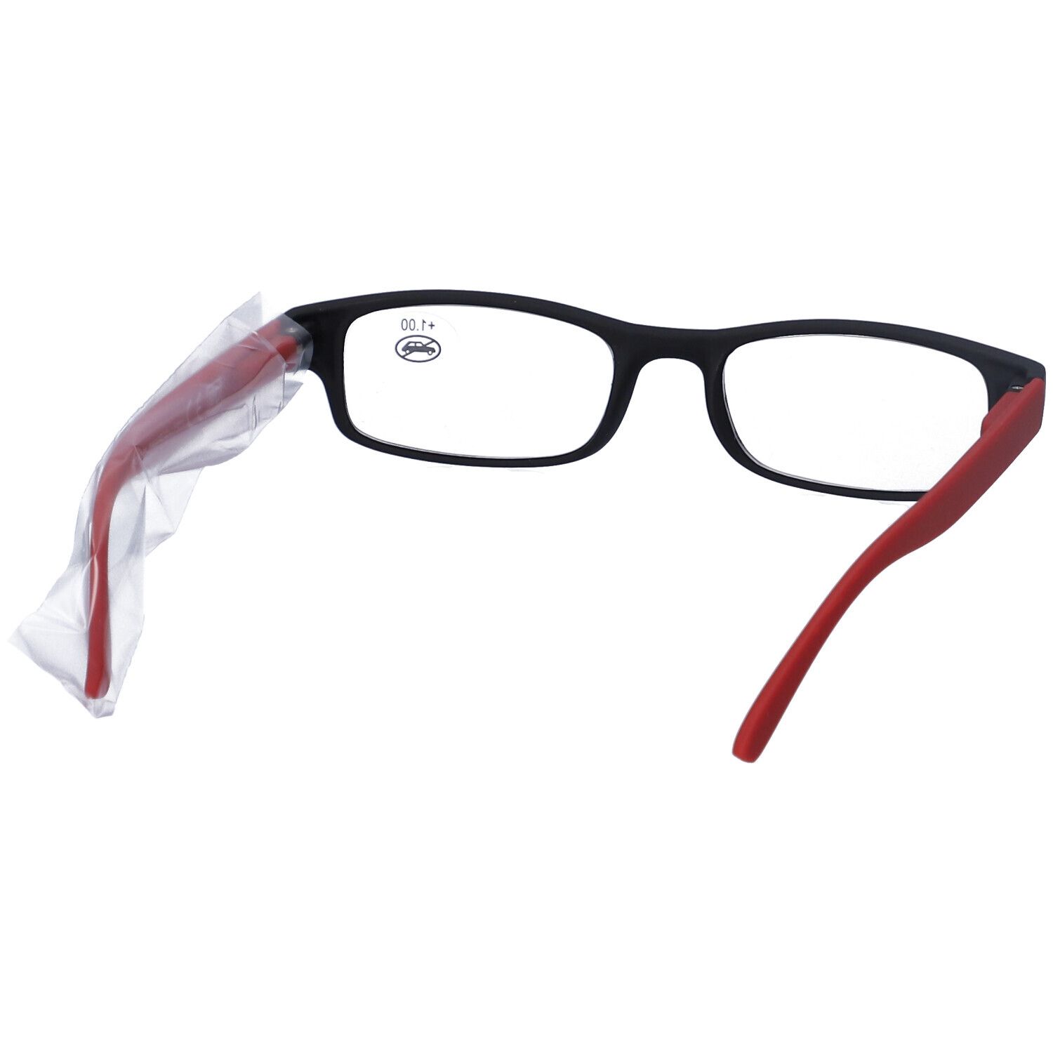 Occhiali con montatura nera e aste rosse. Sul vetro destro +1.00. Imballati in plastica.