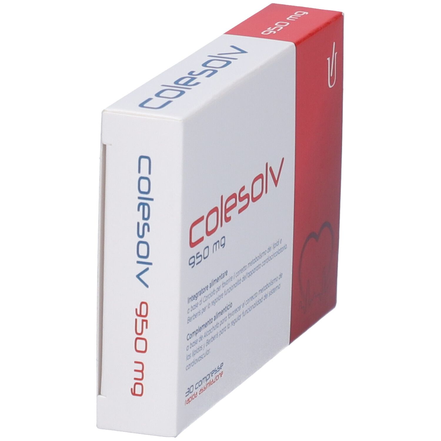Scatola Colesolv 950 mg, bianca e rossa. 30 compresse. Vista angolare. Integratore.