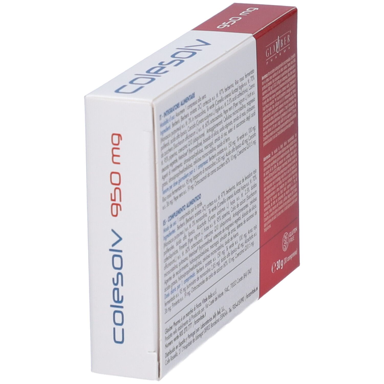 Scatola Colesolv 950 mg, bianca e rossa. Testo ed etichette. 30 compresse. Vista angolare.