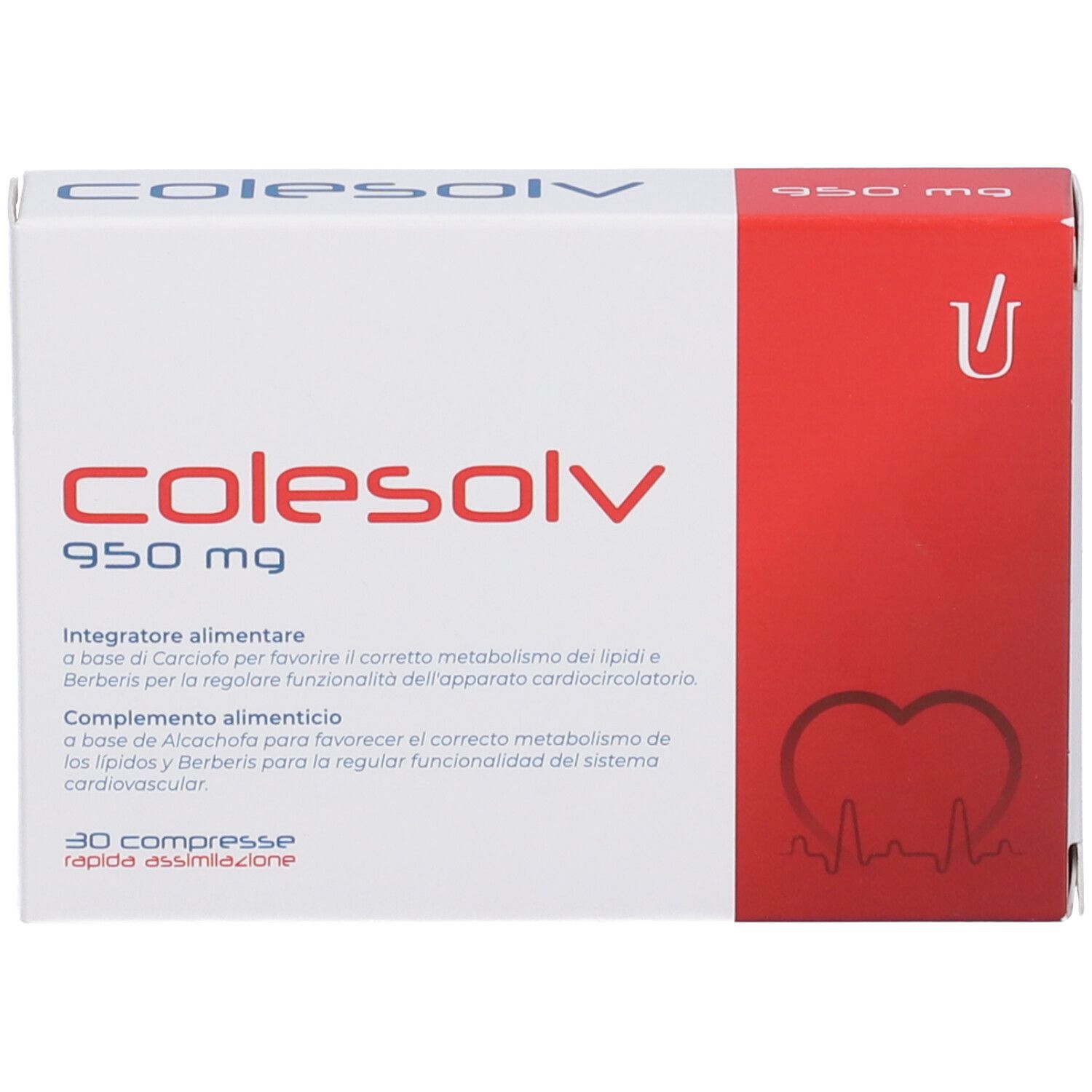 Scatola bianca e rossa Colesolv 950 mg. 30 compresse. Simbolo cuore. Integratore alimentare.
