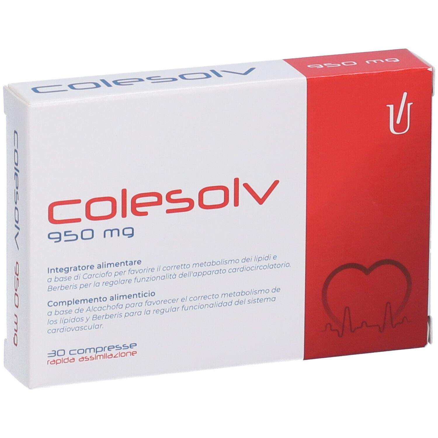 Scatola bianca e rossa Colesolv 950 mg. 30 compresse. Integratore alimentare. Vista angolare.