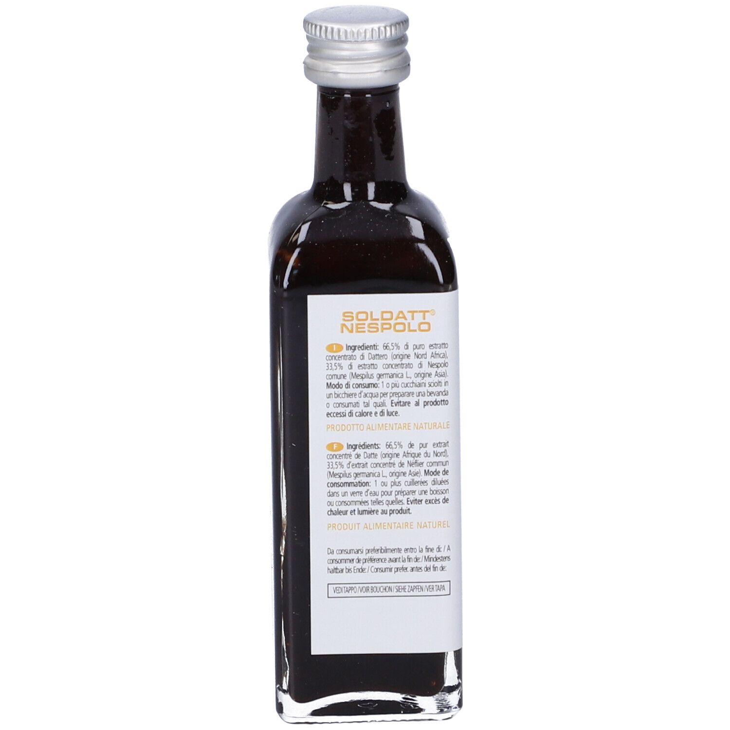 Vista posteriore di una bottiglia di vetro marrone con etichetta. Testo con ingredienti e istruzioni per l'uso.