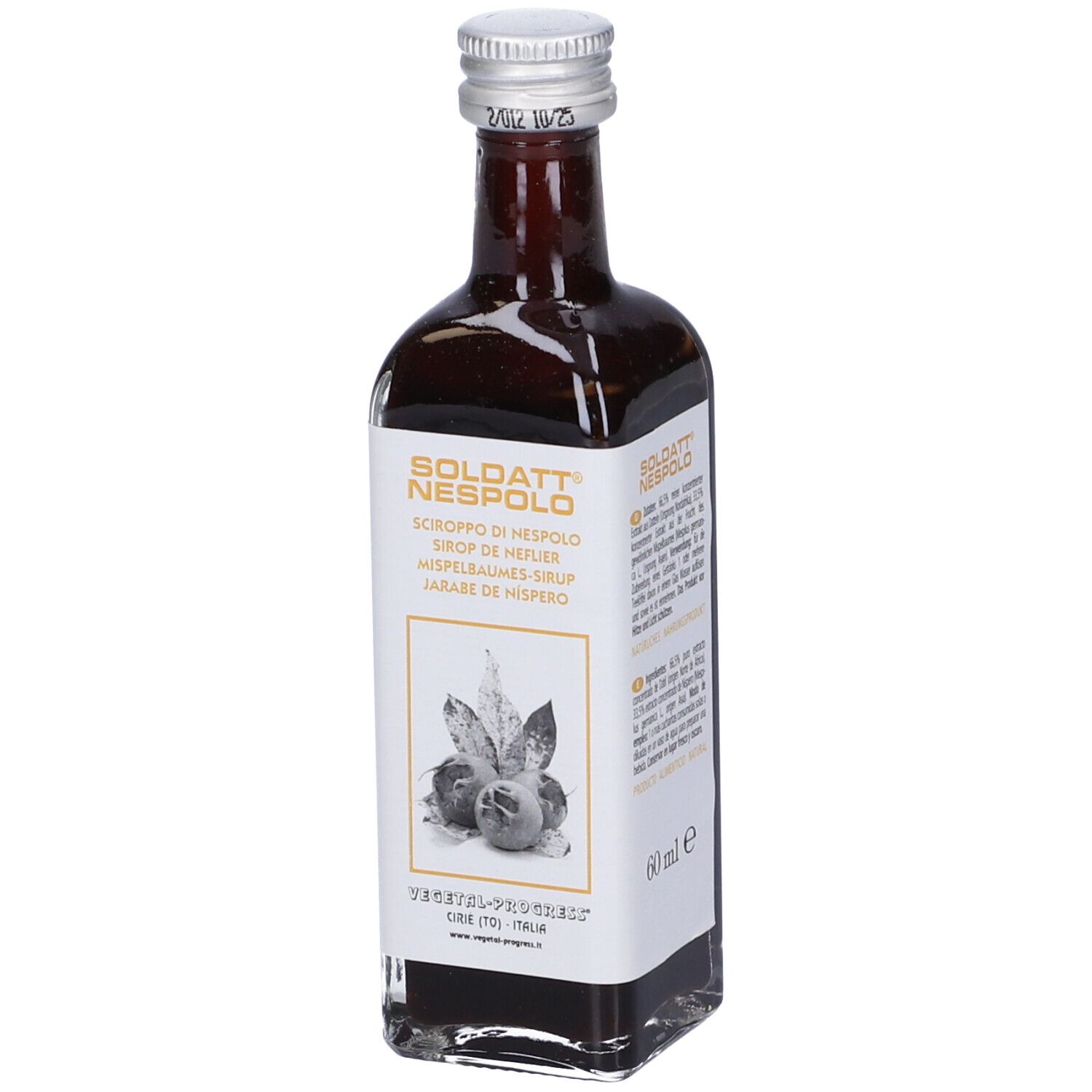 Bottiglia di vetro marrone inclinata con etichetta. Nome del prodotto e illustrazione di frutta.