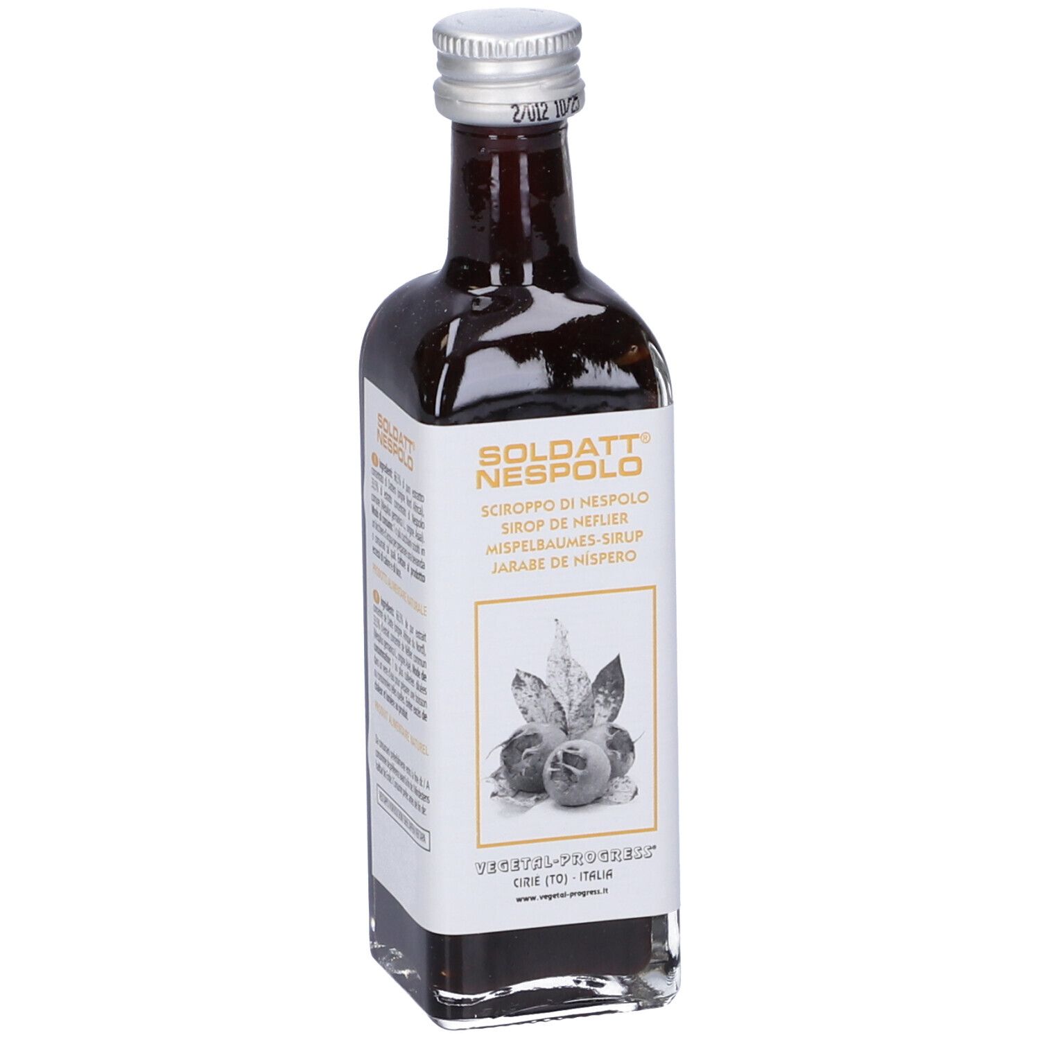 Bottiglia di vetro marrone con etichetta. Nome del prodotto e illustrazione di frutta. Tappo argentato.