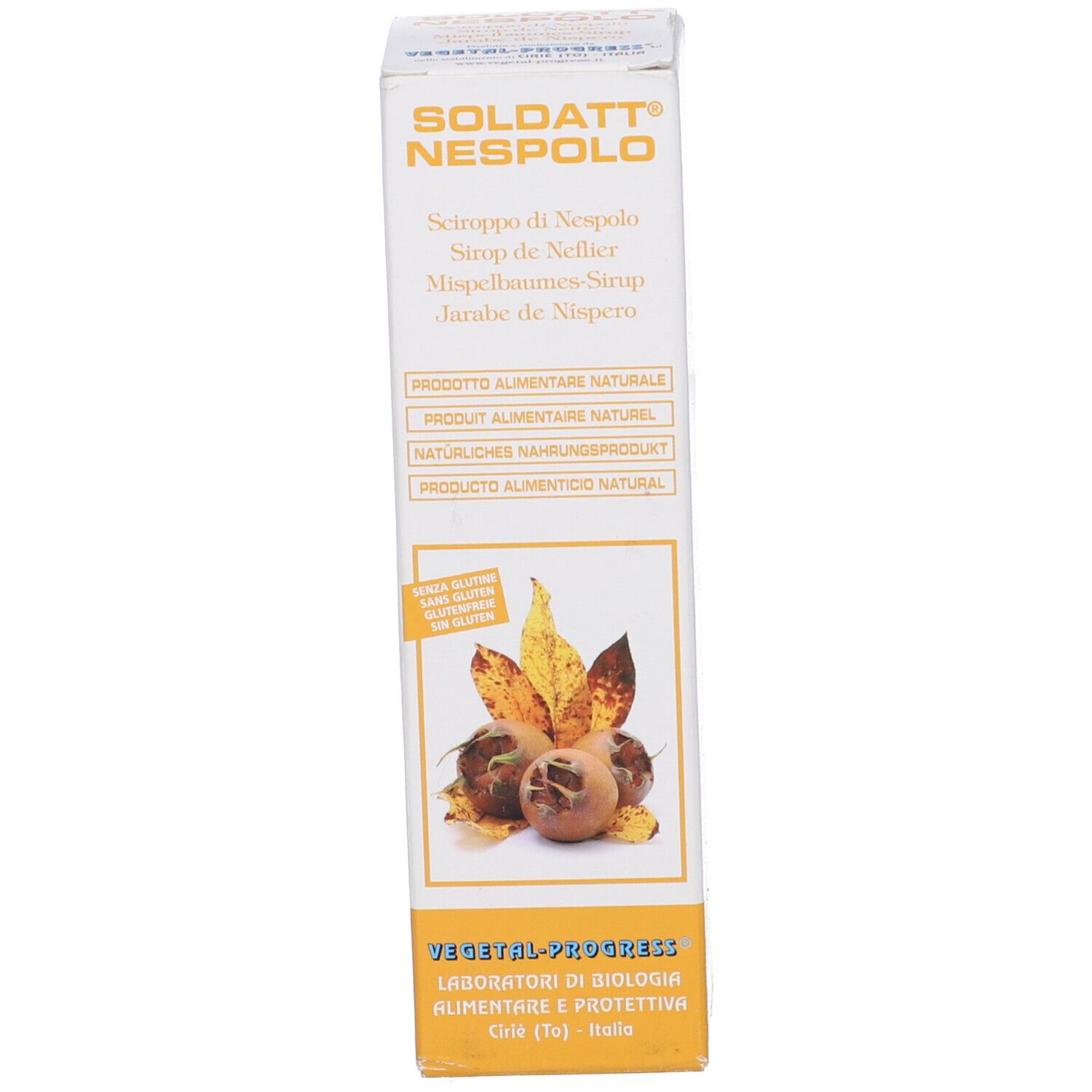 Scatola con nome del prodotto, illustrazione di frutta e testo. Sfondo bianco.